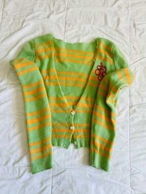 Green and Yellow Striped Knit Cardigan with Embroidered Detail